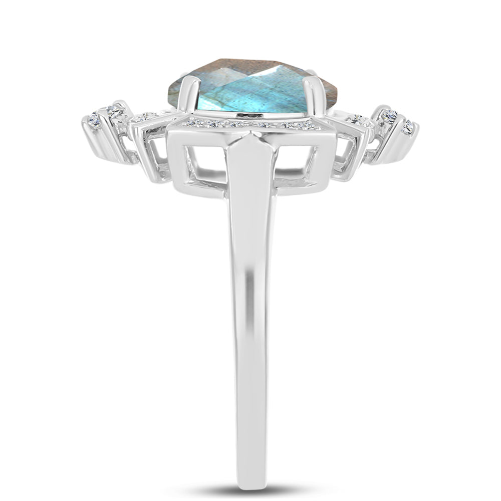 Anel de Prata com Labradorite de Gullgruvene e Topázio Branco  Contraste: Cabeca de Veado (800)
