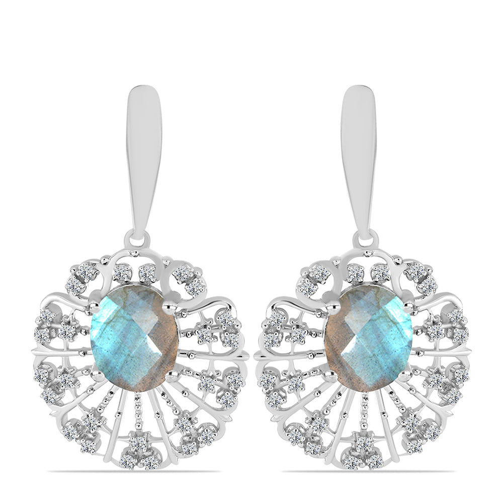 Brincos de Prata com Labradorite de Gullgruvene e Topázio Branco  Contraste: Cabeca de Veado (800)