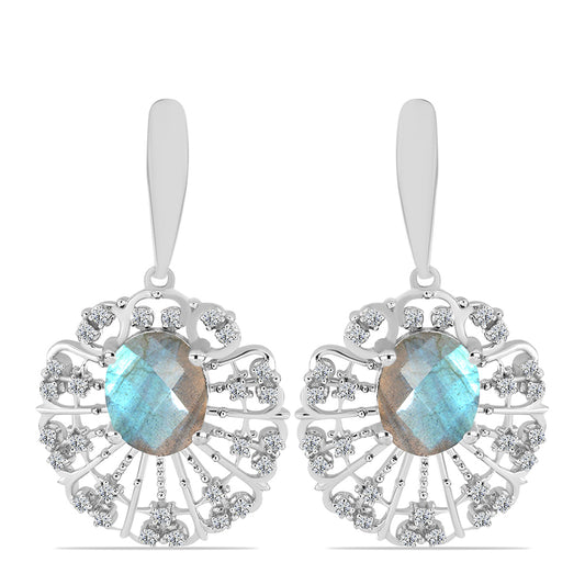 Brincos de Prata com Labradorite de Gullgruvene e Topázio Branco  Contraste: Cabeca de Veado (800)