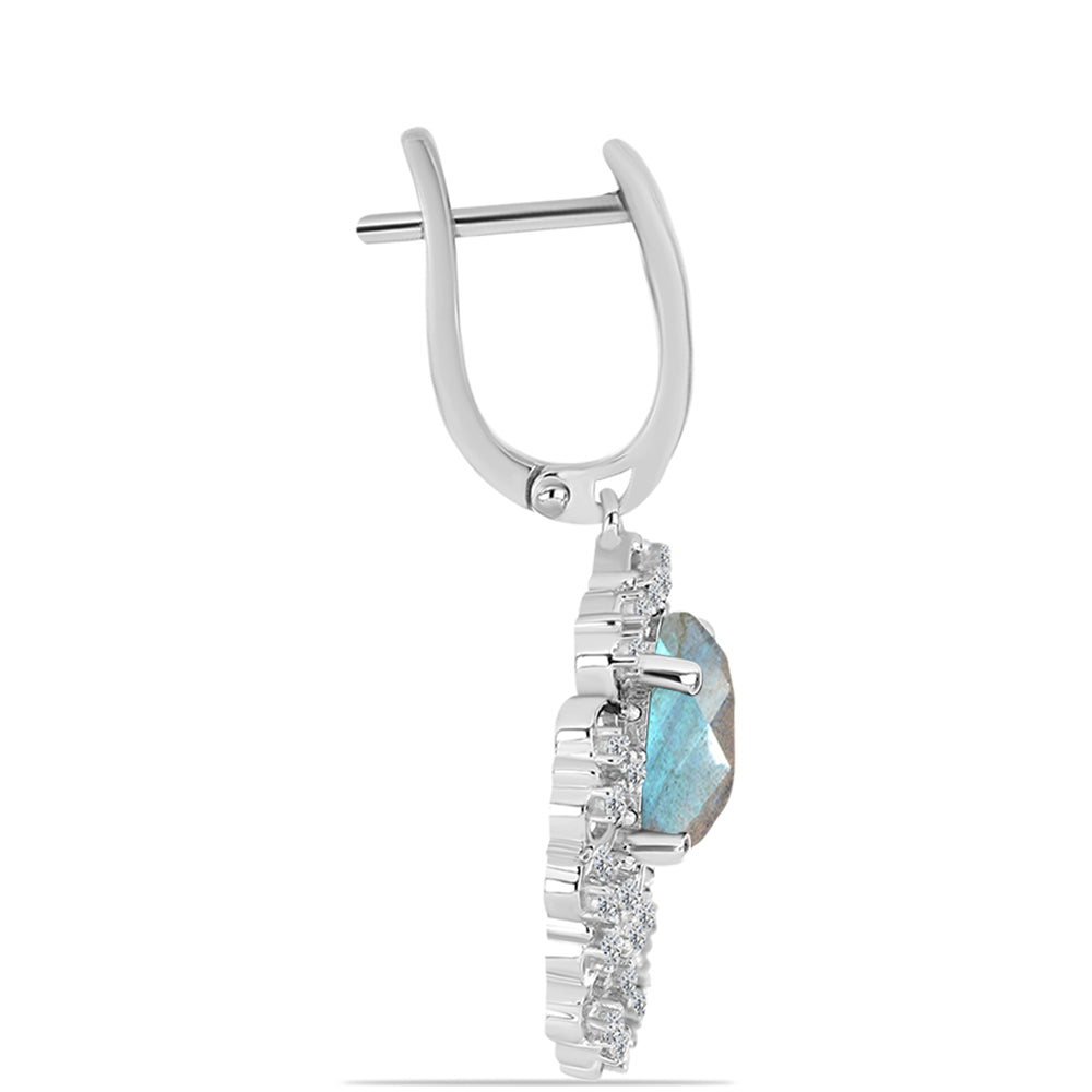 Brincos de Prata com Labradorite de Gullgruvene e Topázio Branco  Contraste: Cabeca de Veado (800)