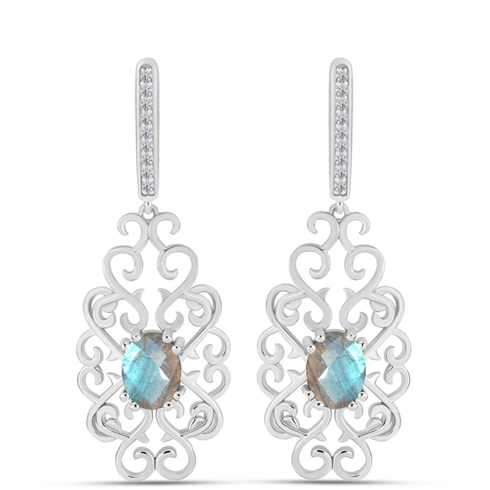 Brincos de Prata com Labradorite de Gullgruvene e Topázio Branco  Contraste: Cabeca de Veado (800)
