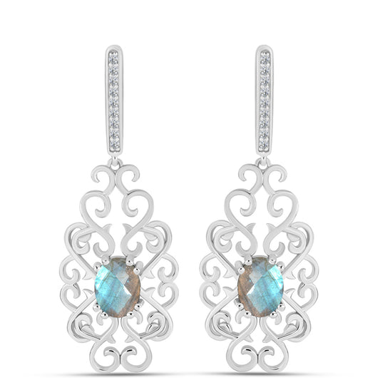 Brincos de Prata com Labradorite de Gullgruvene e Topázio Branco  Contraste: Cabeca de Veado (800)