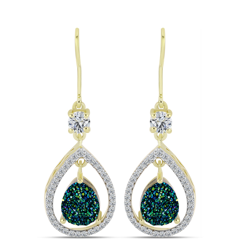 Brincos de Prata com Banho de Ouro com Drusy Verde e Topázio Branco