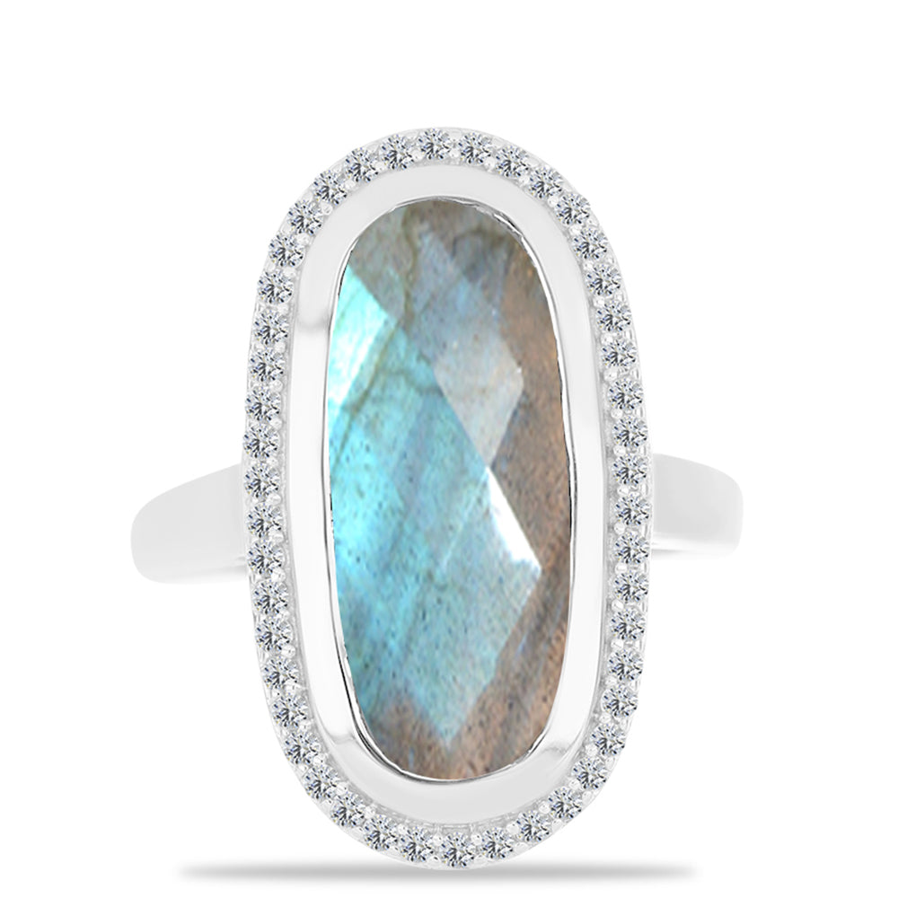 Anel de Prata com Labradorite de Gullgruvene e Topázio Branco  Contraste: Cabeca de Veado (800)