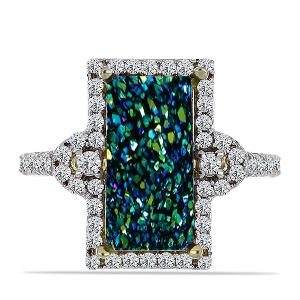 Anel de Prata com Banho de Ouro com Drusy Verde e Topázio Branco  Contraste: Cabeca de Veado (800)
