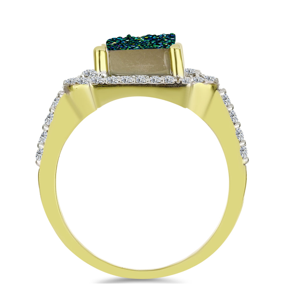 Anel de Prata com Banho de Ouro com Drusy Verde e Topázio Branco  Contraste: Cabeca de Veado (800)