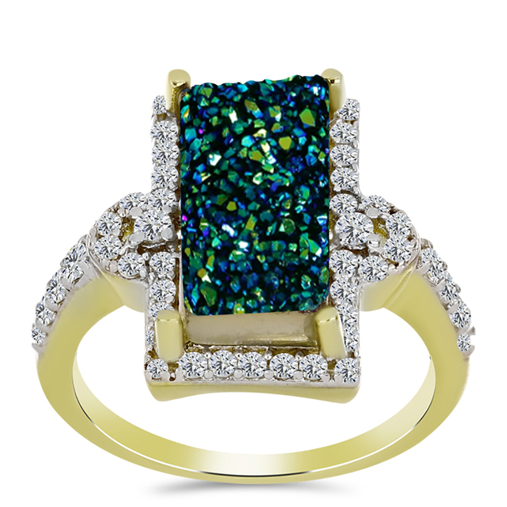 Anel de Prata com Banho de Ouro com Drusy Verde e Topázio Branco  Contraste: Cabeca de Veado (800)