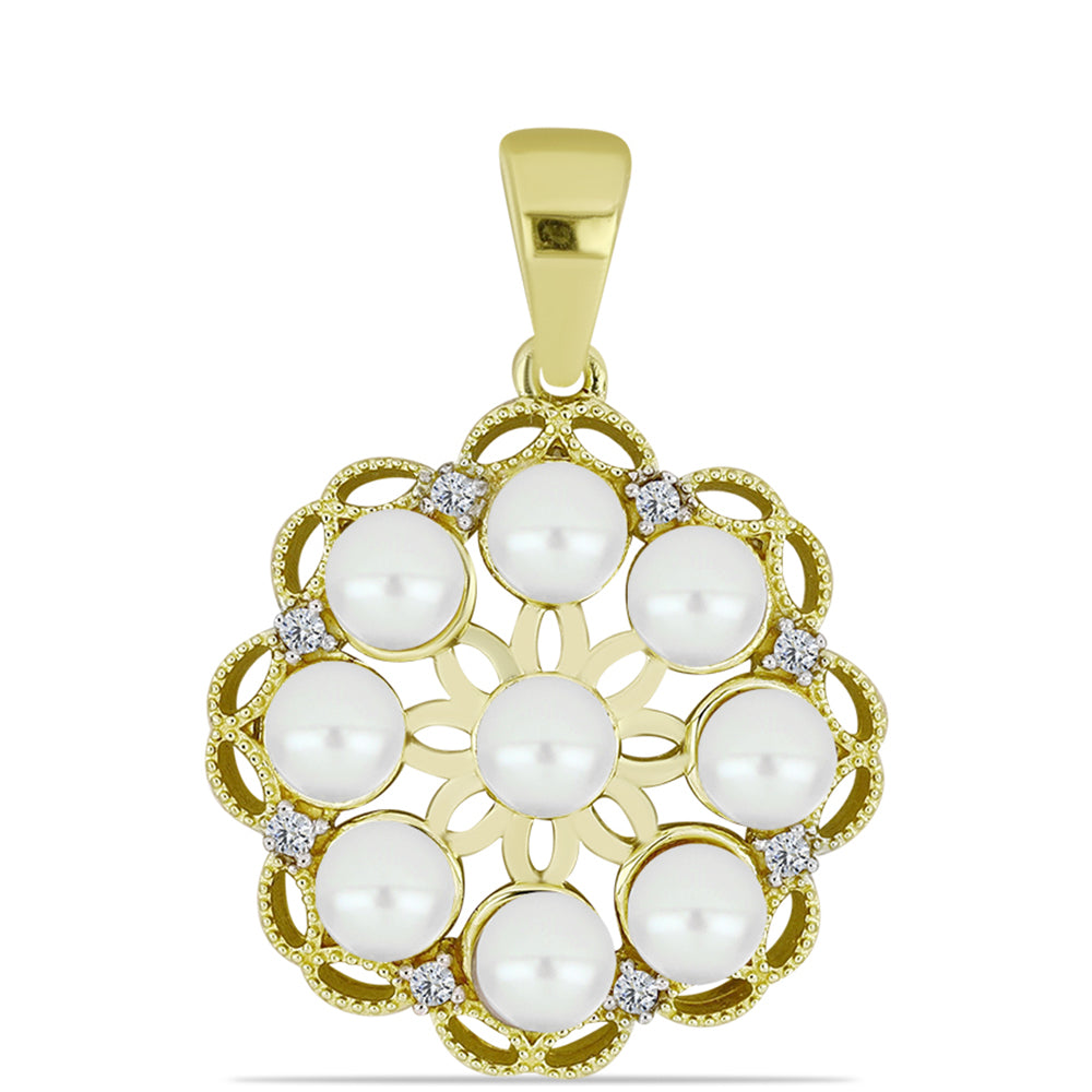 Pendente de Prata com Banho de Ouro com Pérola Branca de Água Doce e Topázio Branco  Contraste: Cabeca de Veado (800)