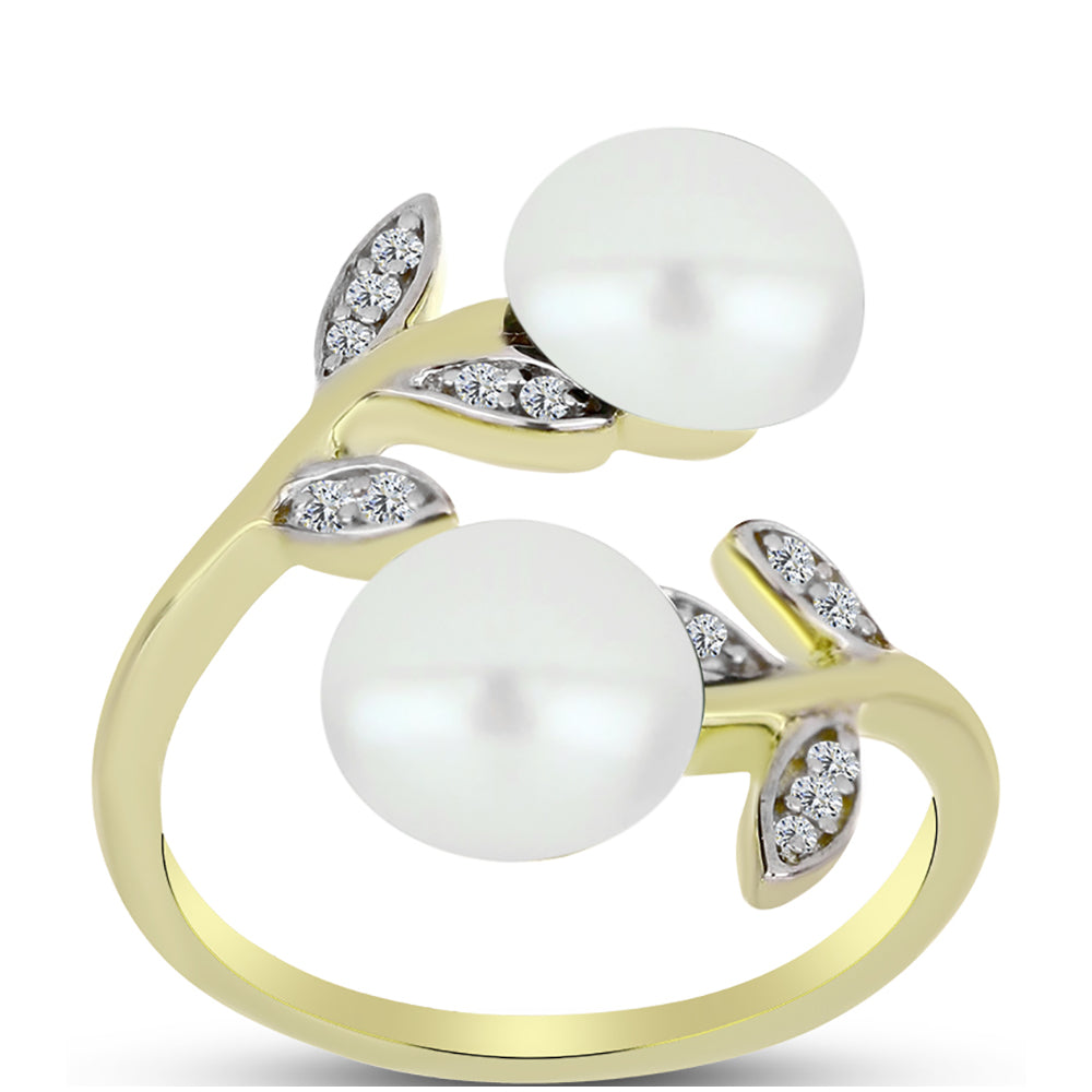 Anel de Prata com Banho de Ouro com Pérola Branca de Água Doce e Topázio Branco  Contraste: Cabeca de Veado (800) 3 
