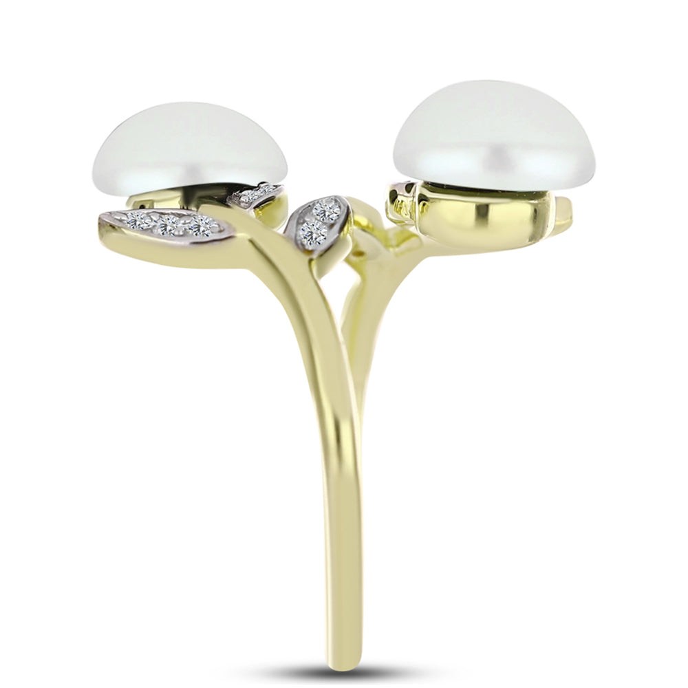 Anel de Prata com Banho de Ouro com Pérola Branca de Água Doce e Topázio Branco  Contraste: Cabeca de Veado (800)