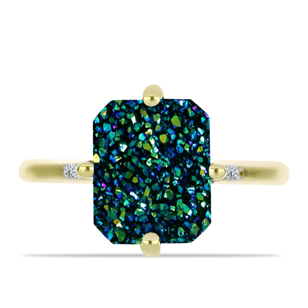Anel de Prata com Banho de Ouro com Drusy Verde e Topázio Branco