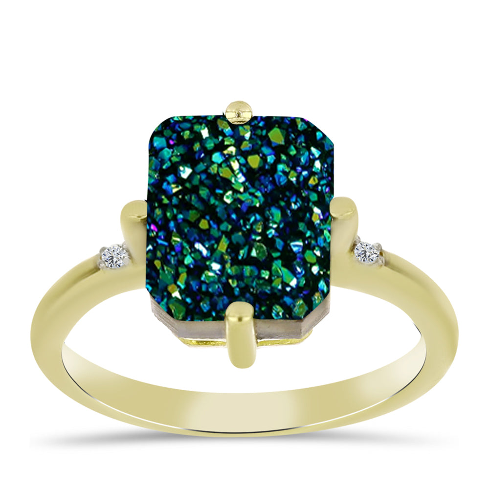 Anel de Prata com Banho de Ouro com Drusy Verde e Topázio Branco 3 