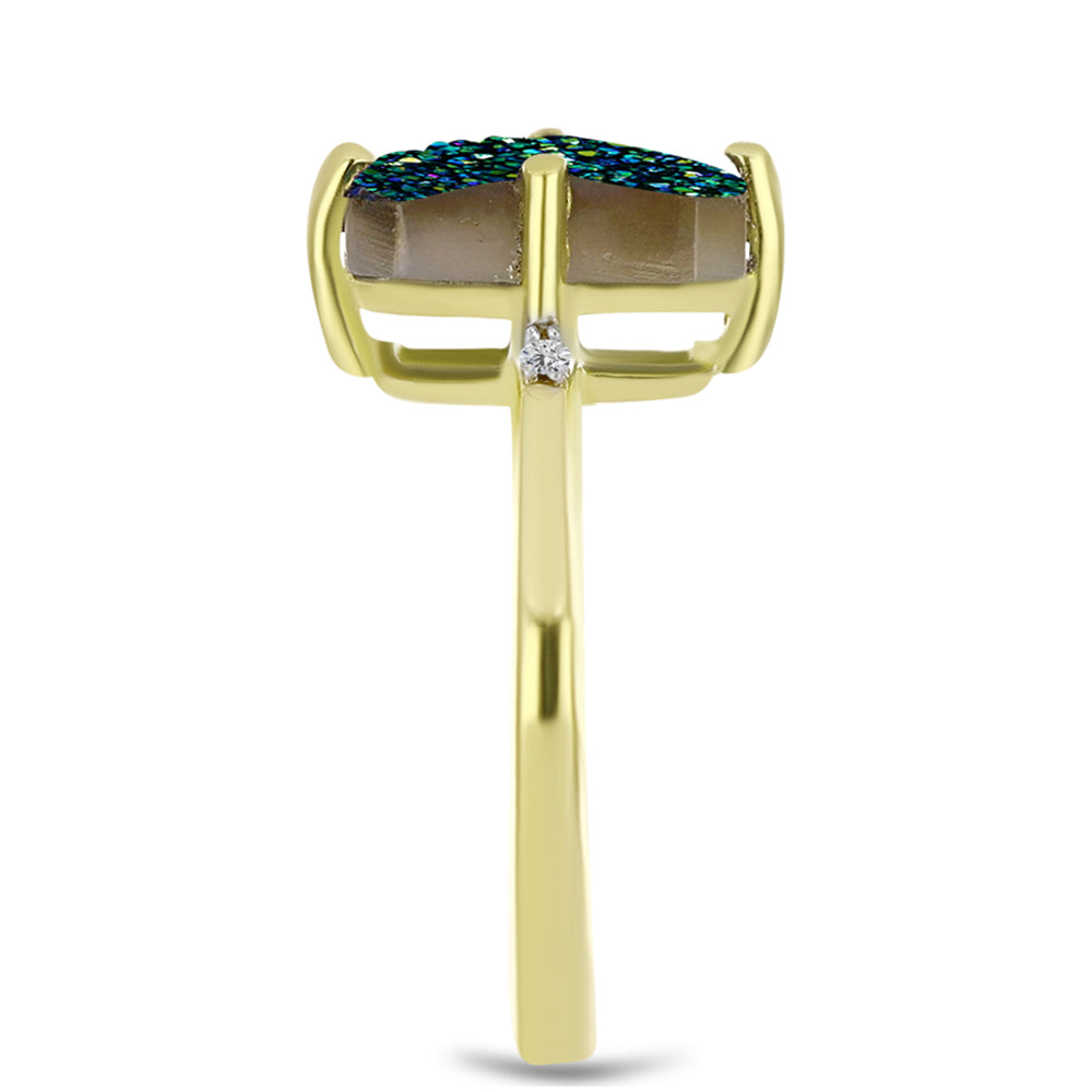 Anel de Prata com Banho de Ouro com Drusy Verde e Topázio Branco 4 