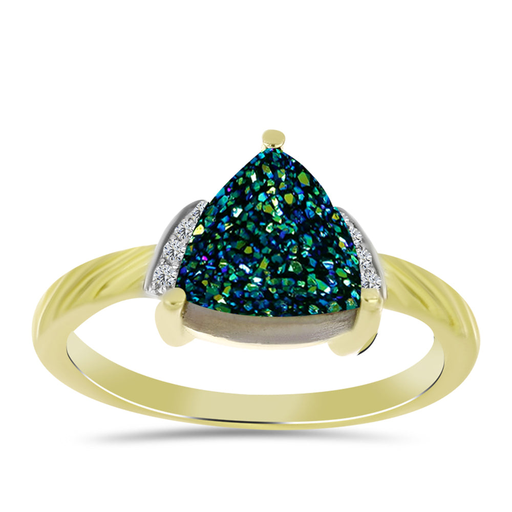 Anel de Prata com Banho de Ouro com Drusy Verde e Topázio Branco 3 