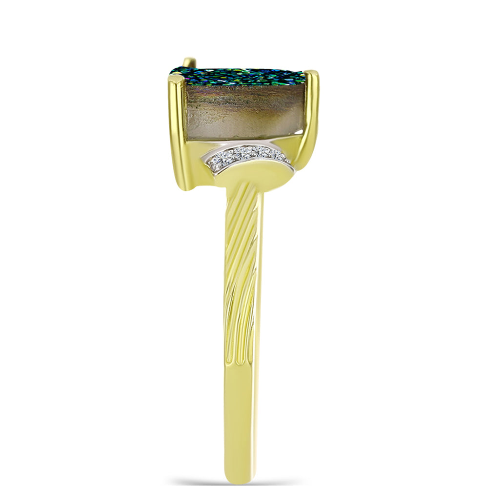 Anel de Prata com Banho de Ouro com Drusy Verde e Topázio Branco