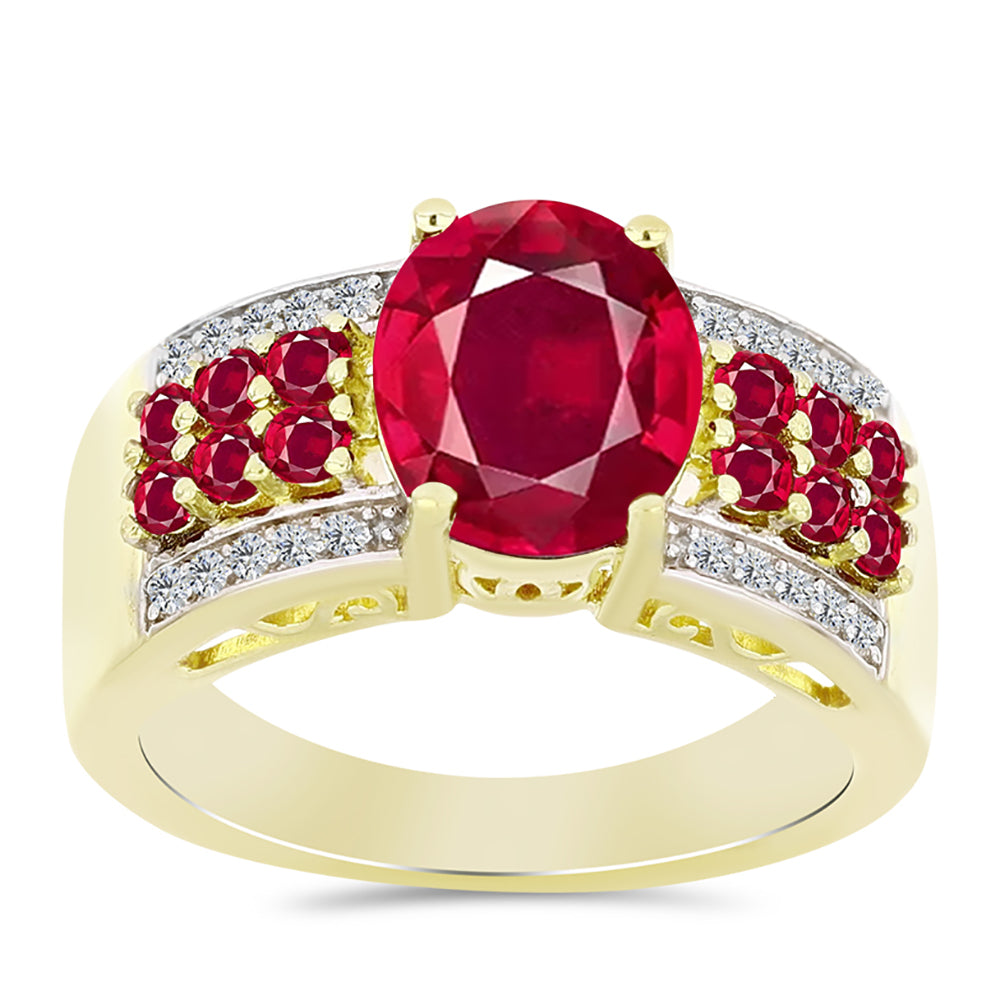 Anel de Prata com Banho de Ouro com Rubi de Madagáscar e Topázio Branco  Contraste: Cabeca de Veado (800) 3 
