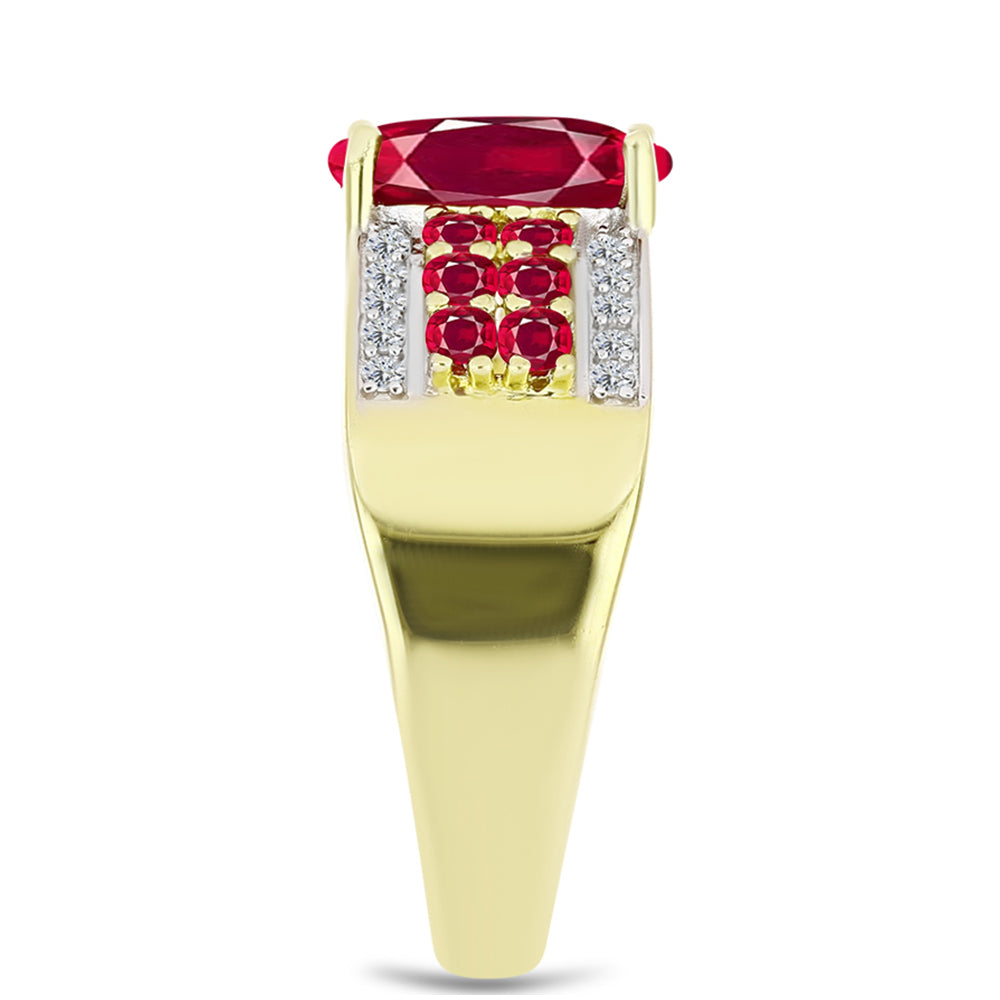 Anel de Prata com Banho de Ouro com Rubi de Madagáscar e Topázio Branco  Contraste: Cabeca de Veado (800)