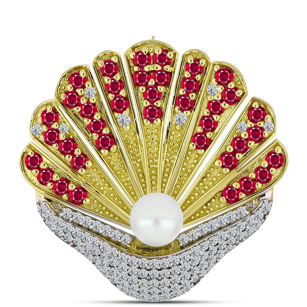 Alfinete de Prata com Banho de Ouro com Rubi de Madagáscar e Pérola Branca de Água Doce  Contraste: Cabeca de Veado (800) 1 
