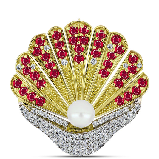 Alfinete de Prata com Banho de Ouro com Rubi de Madagáscar e Pérola Branca de Água Doce  Contraste: Cabeca de Veado (800)