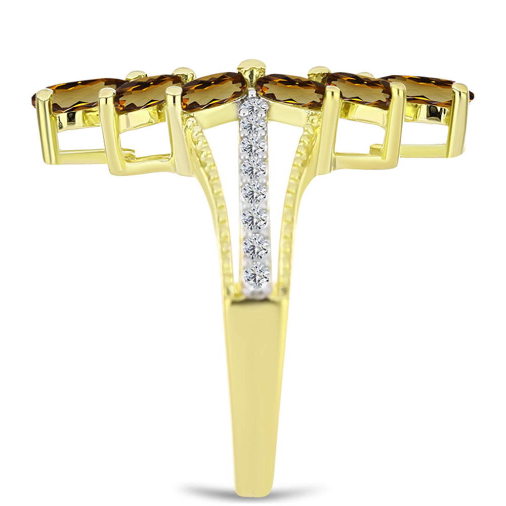 Anel de Prata com Banho de Ouro com Quartzo Cognac e Topázio Branco  Contraste: Cabeca de Veado (800)
