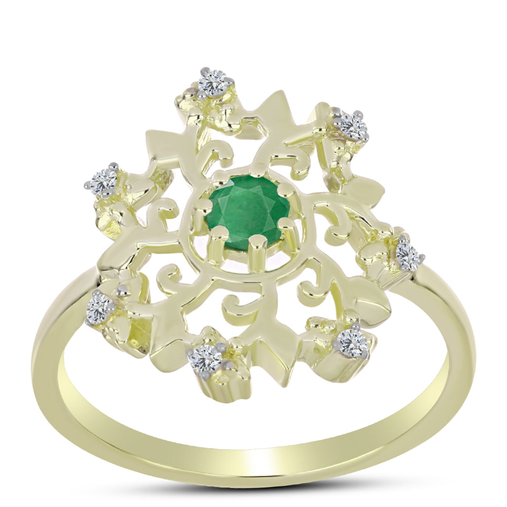 Anel de Prata com Banho de Ouro com Esmeralda do Brasil e Topázio Branco  Contraste: Cabeca de Veado (800)