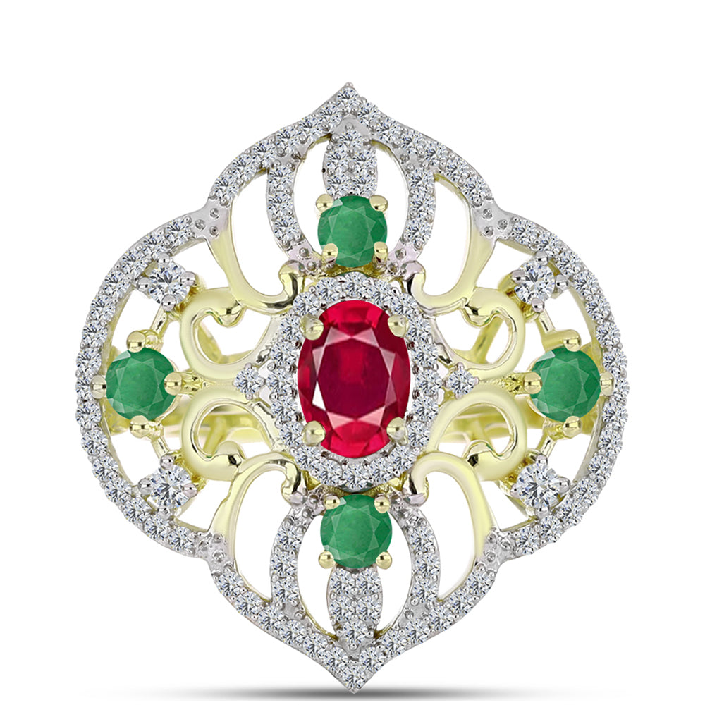 Anel de Prata com Banho de Ouro com Esmeralda do Brasil e Topázio Branco  Contraste: Cabeca de Veado (800)