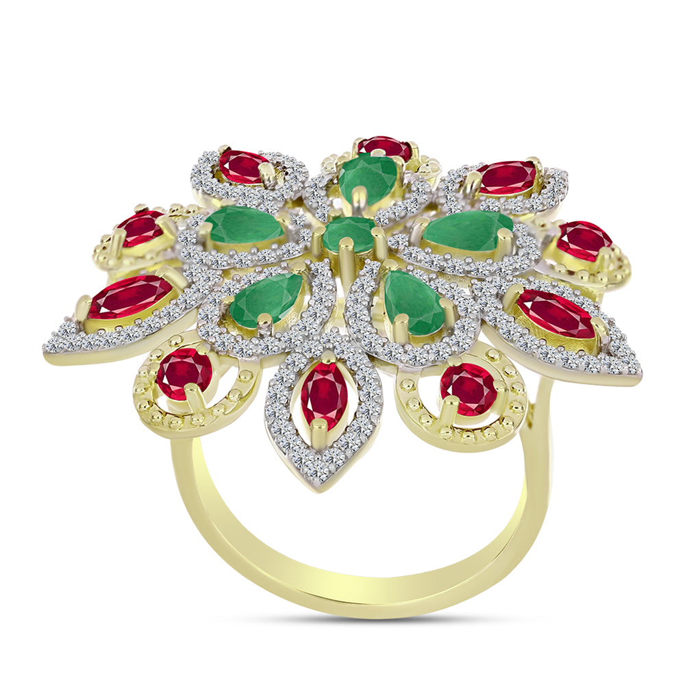 Anel de Prata com Banho de Ouro com Esmeralda do Brasil e Topázio Branco  Contraste: Cabeca de Veado (800) 3 