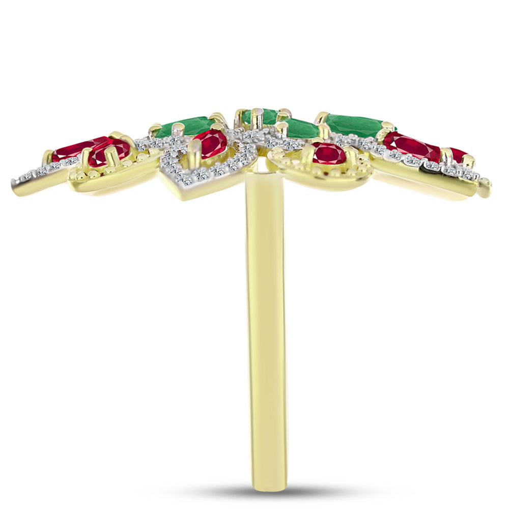 Anel de Prata com Banho de Ouro com Esmeralda do Brasil e Topázio Branco  Contraste: Cabeca de Veado (800)