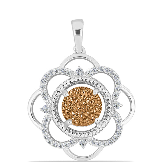 Pendente de Prata com Drusa Dourada e Topázio Branco  Contraste: Cabeca de Veado (800)