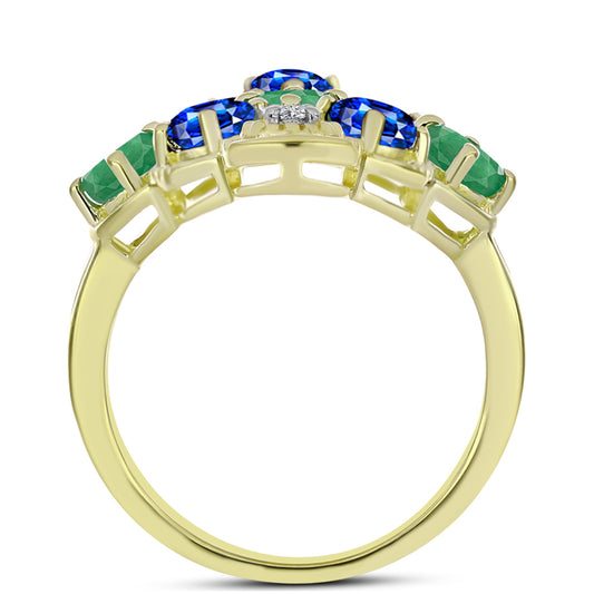 Anel de Prata com Banho de Ouro com Esmeralda do Brasil e Safira Azul Australiana  Contraste: Cabeca de Veado (800)