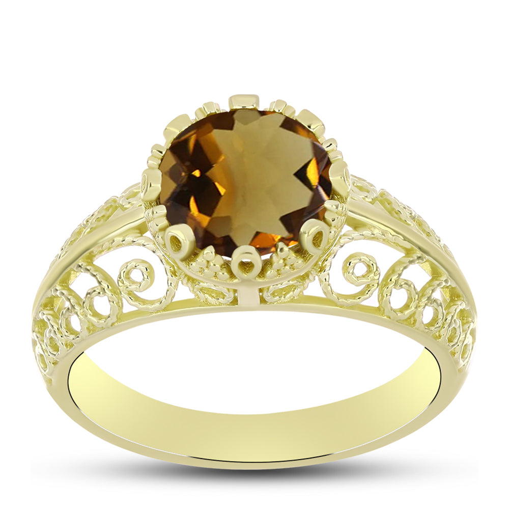 Anel de Prata com Banho de Ouro com Quartzo Cognac  Contraste: Cabeca de Veado (800)