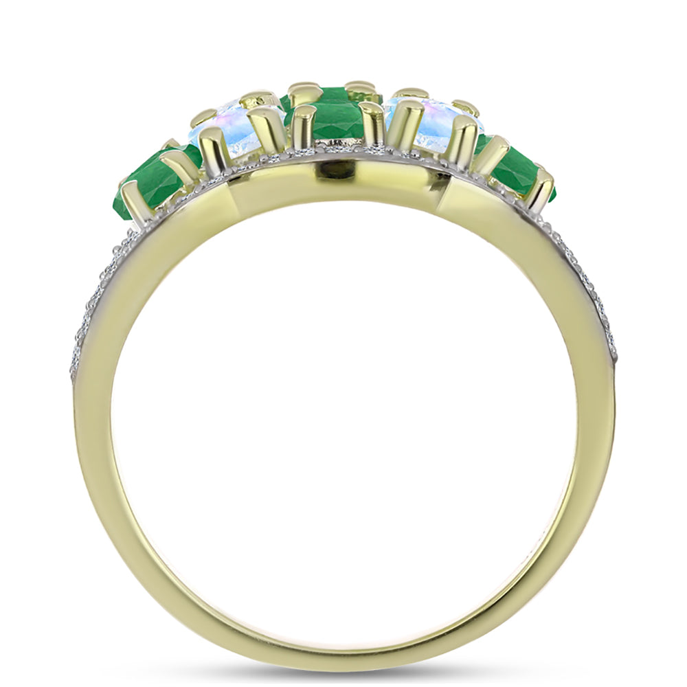 Anel de Prata com Banho de Ouro com Esmeralda do Brasil e Pedra da Lua Arco-íris  Contraste: Cabeca de Veado (800)