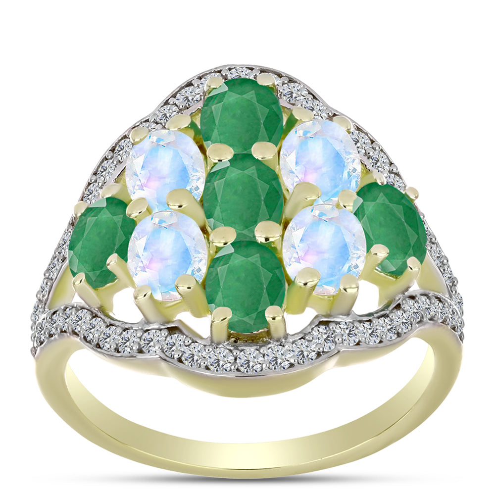 Anel de Prata com Banho de Ouro com Esmeralda do Brasil e Pedra da Lua Arco-íris  Contraste: Cabeca de Veado (800)