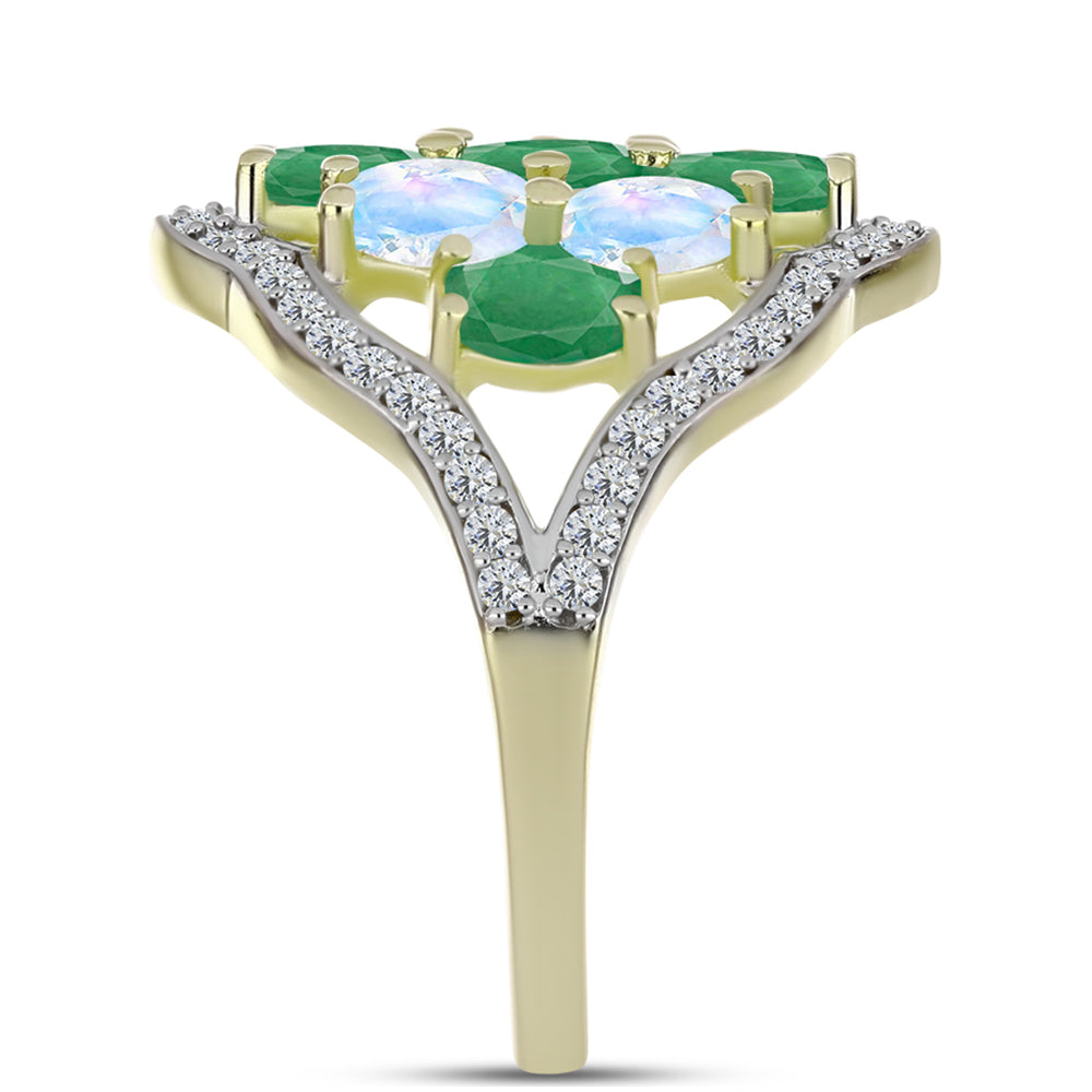 Anel de Prata com Banho de Ouro com Esmeralda do Brasil e Pedra da Lua Arco-íris  Contraste: Cabeca de Veado (800) 4 