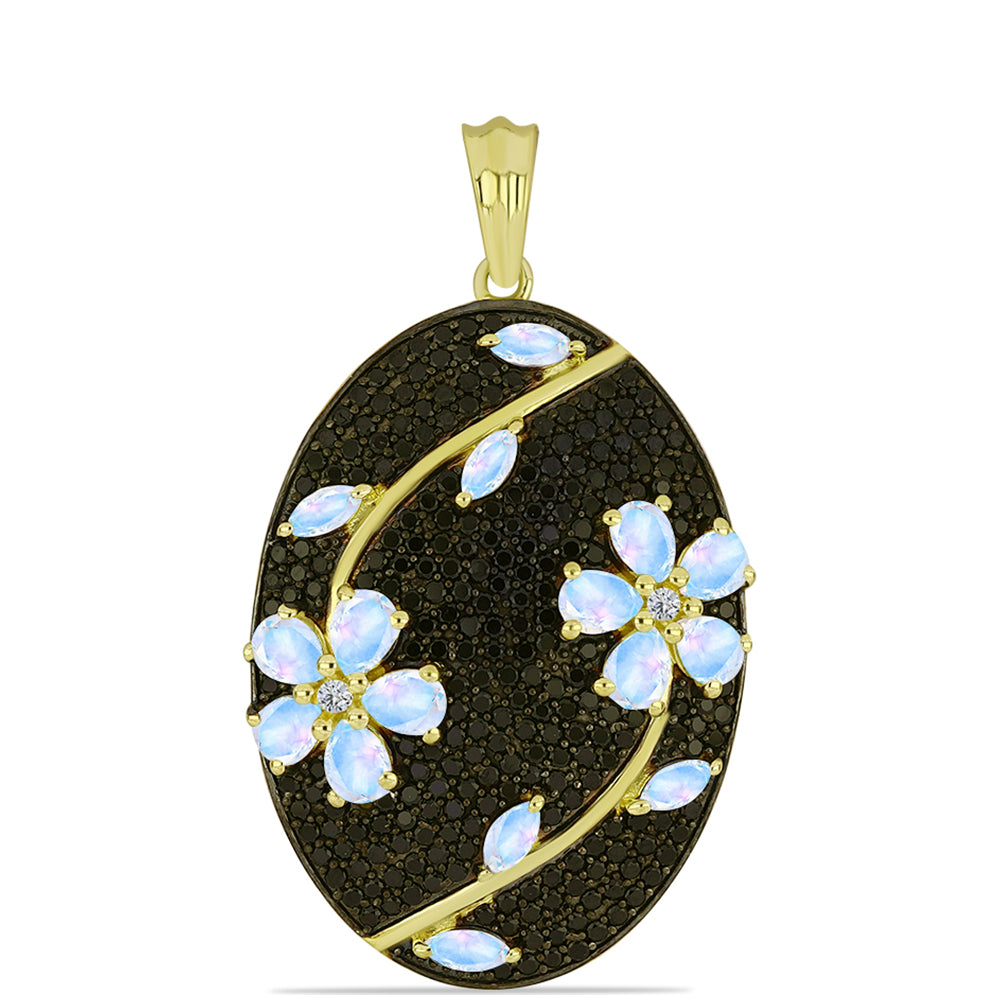 Pendente de Prata com Banho de Ouro com Pedra da Lua Arco-íris e Espinela Preta  Contraste: Cabeca de Veado (800) 1 