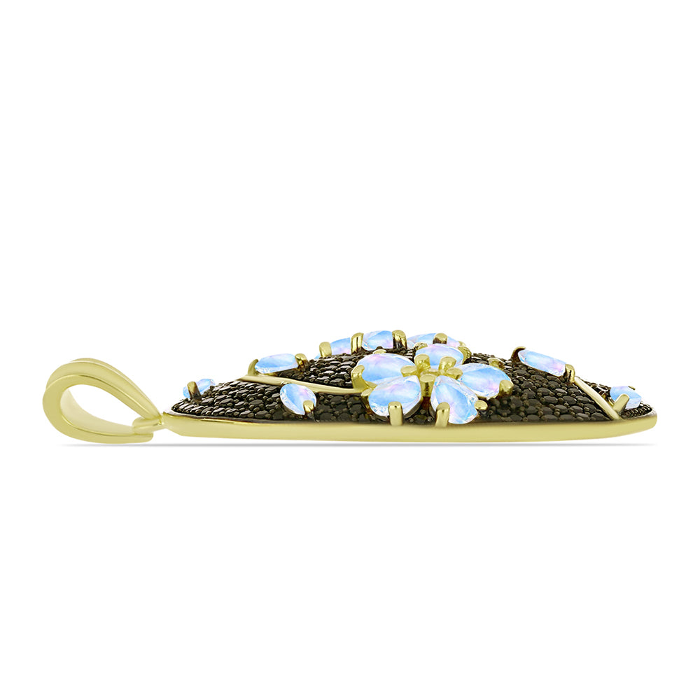 Pendente de Prata com Banho de Ouro com Pedra da Lua Arco-íris e Espinela Preta  Contraste: Cabeca de Veado (800)