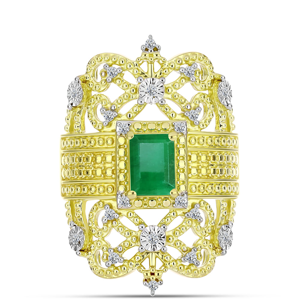 Anel de Prata com Banho de Ouro com Esmeralda do Brasil e Topázio Branco  Contraste: Cabeca de Veado (800)