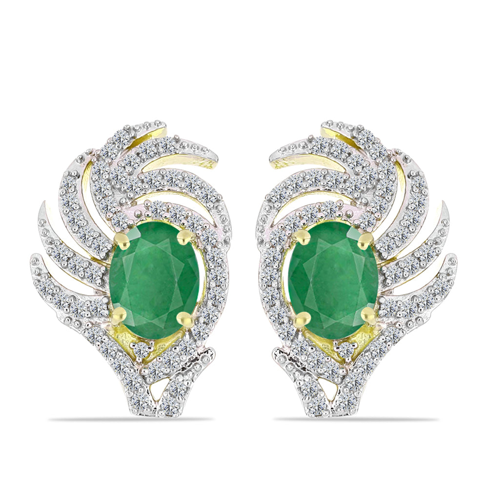 Brincos de Prata com Banho de Ouro com Esmeralda do Brasil e Topázio Branco