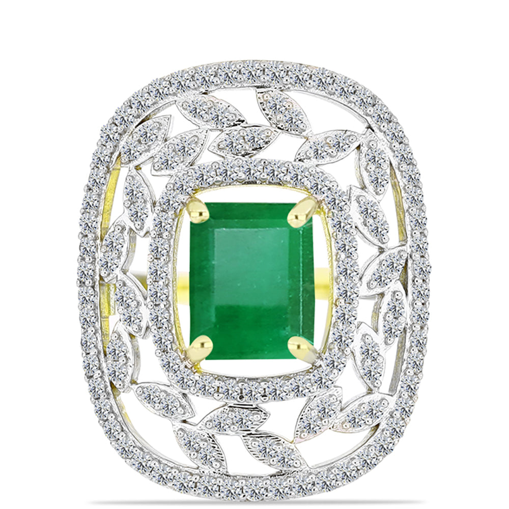 Anel de Prata com Banho de Ouro com Esmeralda do Brasil e Topázio Branco  Contraste: Cabeca de Veado (800) 1 