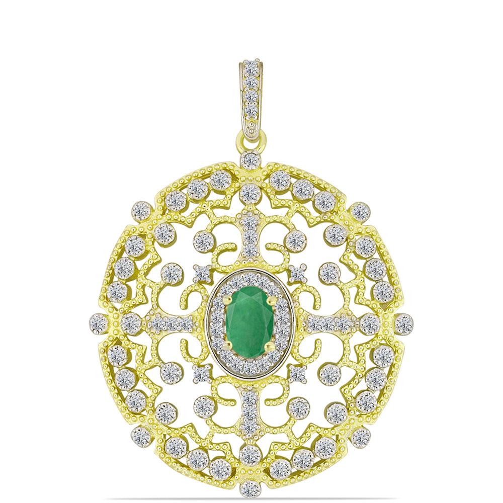 Pendente de Prata com Banho de Ouro com Esmeralda do Brasil e Topázio Branco  Contraste: Cabeca de Veado (800)