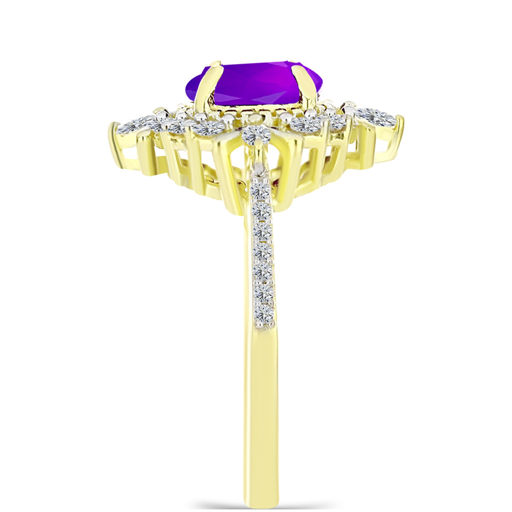 Anel de Prata com Banho de Ouro com Ágata Roxa e Topázio Branco  Contraste: Cabeca de Veado (800) 4 