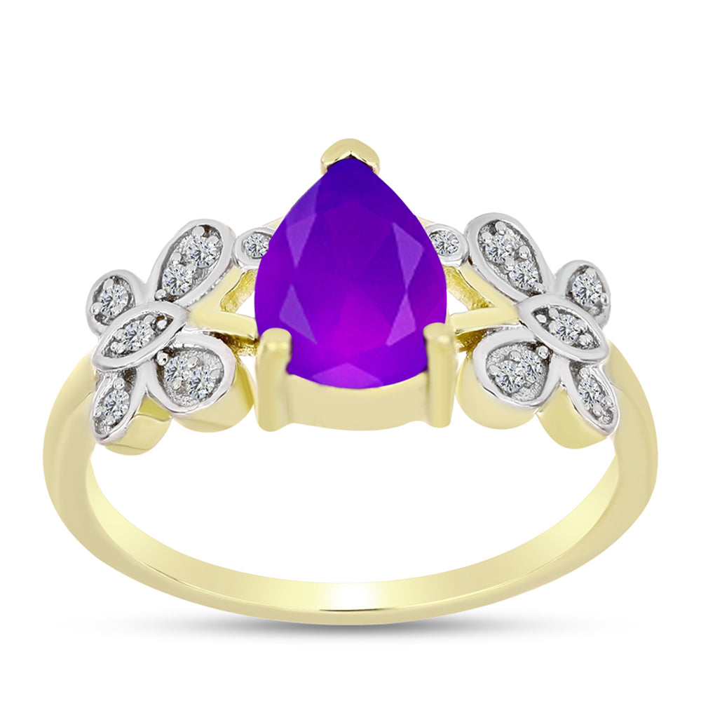 Anel de Prata com Banho de Ouro com Ágata Roxa e Topázio Branco  Contraste: Cabeca de Veado (800) 3 