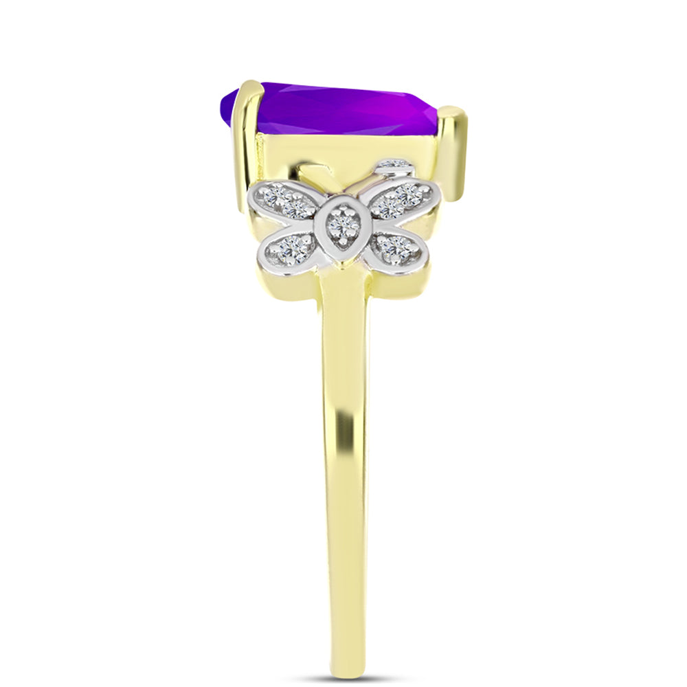 Anel de Prata com Banho de Ouro com Ágata Roxa e Topázio Branco  Contraste: Cabeca de Veado (800) 4 