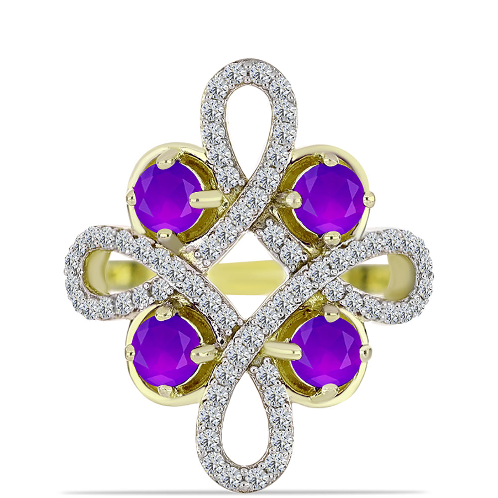 Anel de Prata com Banho de Ouro com Ágata Roxa e Topázio Branco  Contraste: Cabeca de Veado (800) 1 