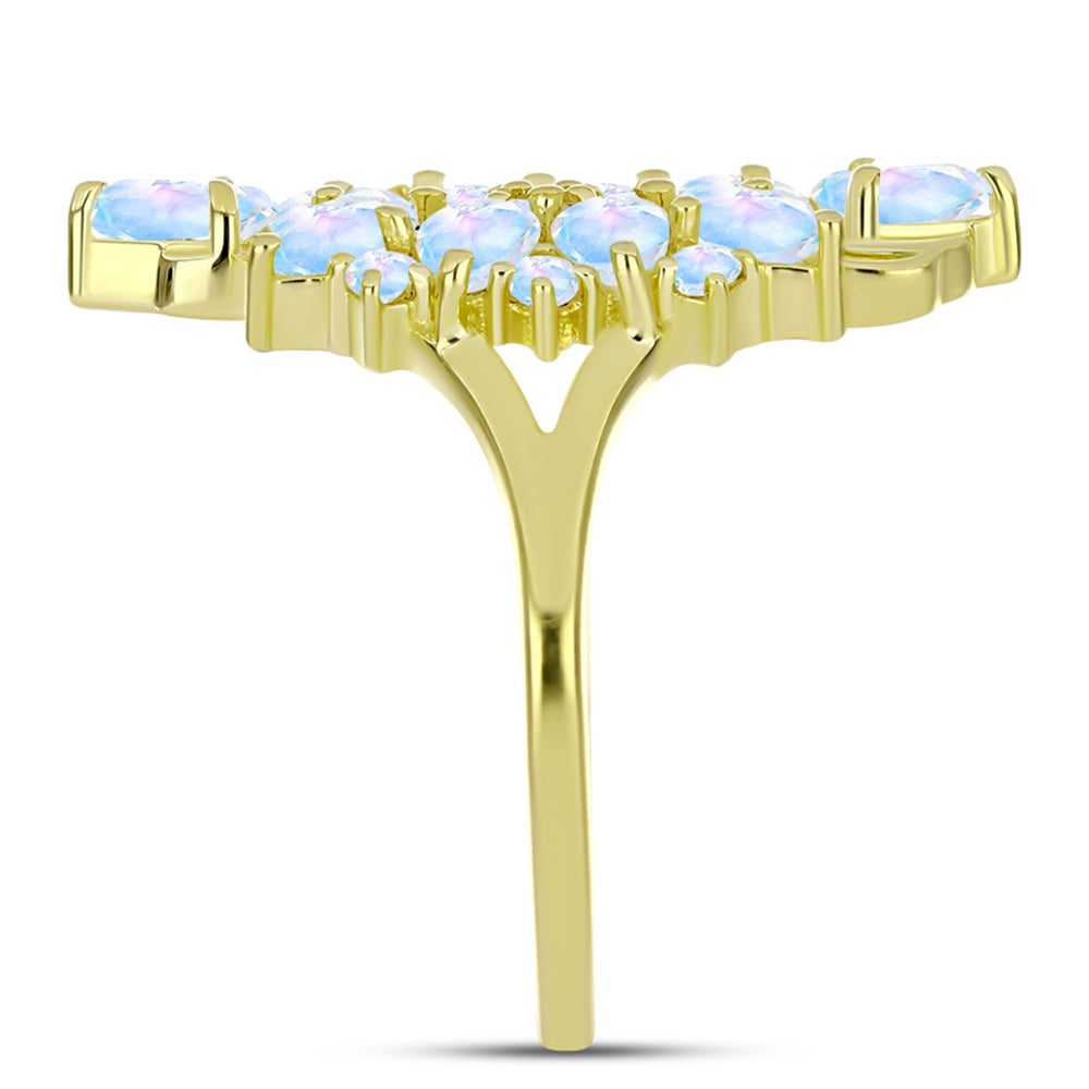 Anel de Prata com Banho de Ouro com Pedra da Lua Arco-íris  Contraste: Cabeca de Veado (800)