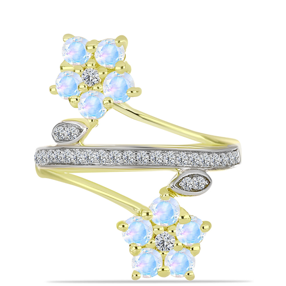 Anel de Prata com Banho de Ouro com Pedra da Lua Arco-íris e Topázio Branco  Contraste: Cabeca de Veado (800)