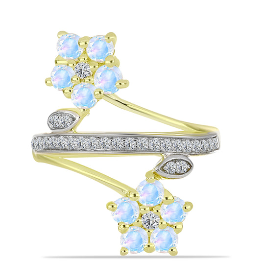 Anel de Prata com Banho de Ouro com Pedra da Lua Arco-íris e Topázio Branco  Contraste: Cabeca de Veado (800)
