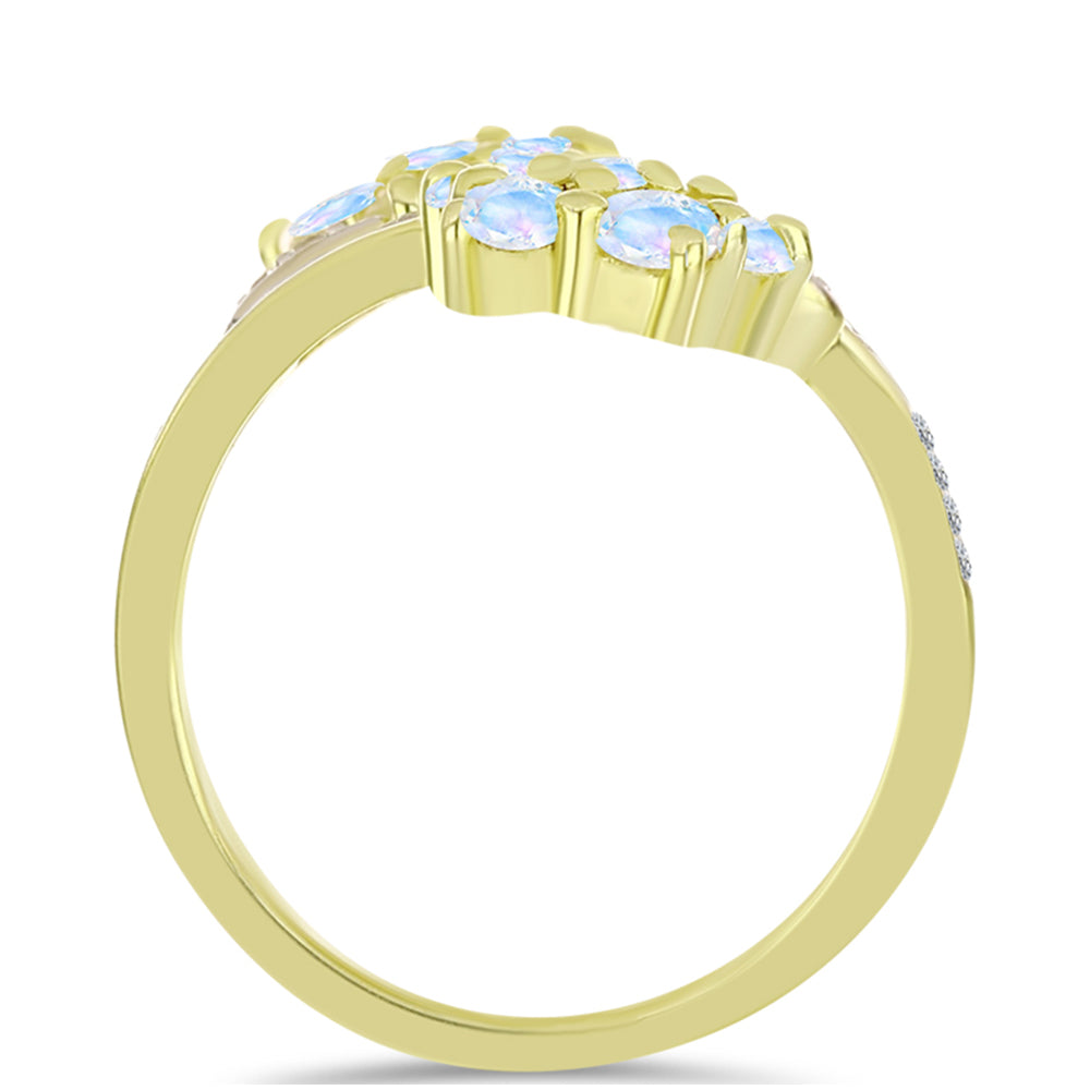 Anel de Prata com Banho de Ouro com Pedra da Lua Arco-íris e Topázio Branco  Contraste: Cabeca de Veado (800)