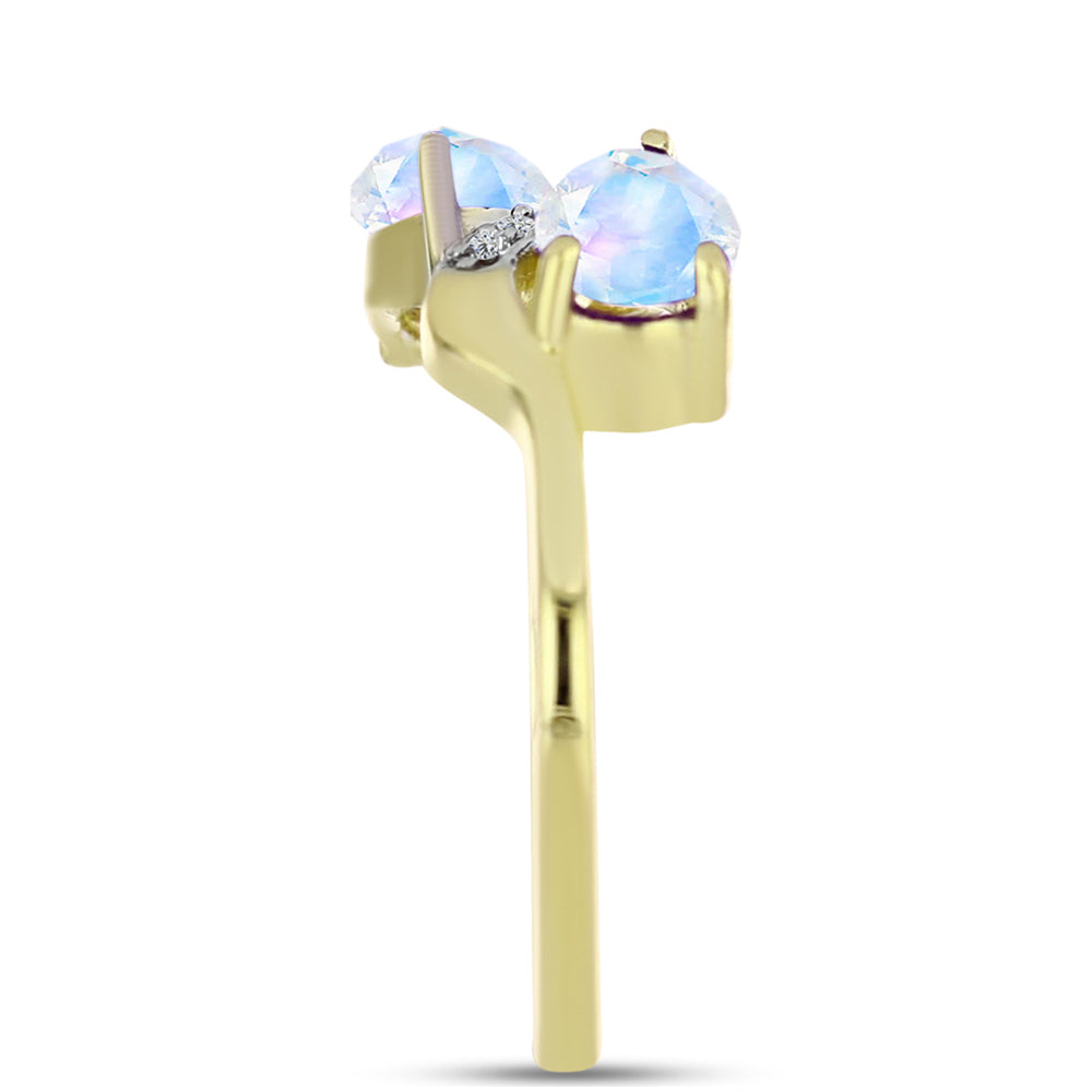 Anel de Prata com Banho de Ouro com Pedra da Lua Arco-íris e Topázio Branco