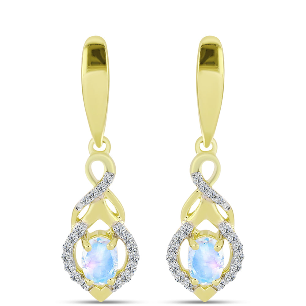 Brincos de Prata com Banho de Ouro com Pedra da Lua Arco-íris e Topázio Branco